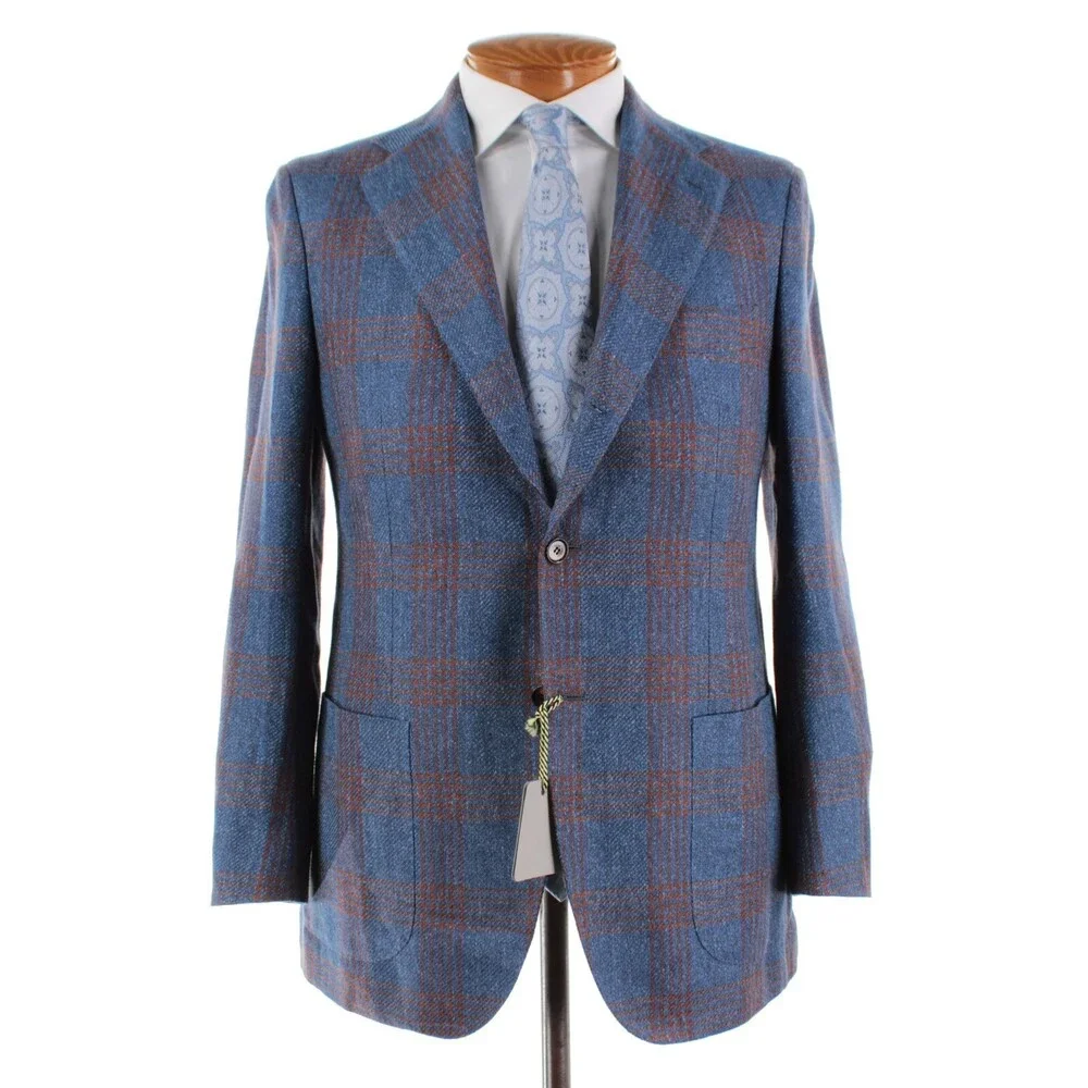 Sartorio Kiton NWT Linen Blend Sport Coat Size 50R 40R US In Blue w/ Brown Plaid